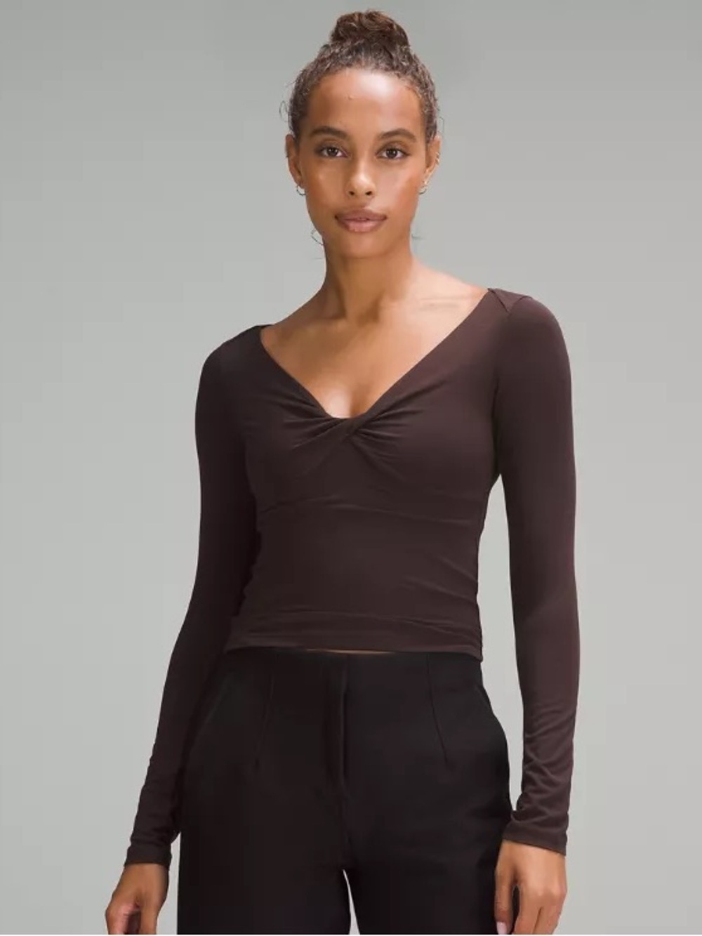Lululemon Modal-Silk Blend V-neck Long Sleeve Espresso Shirt. Size: Medium